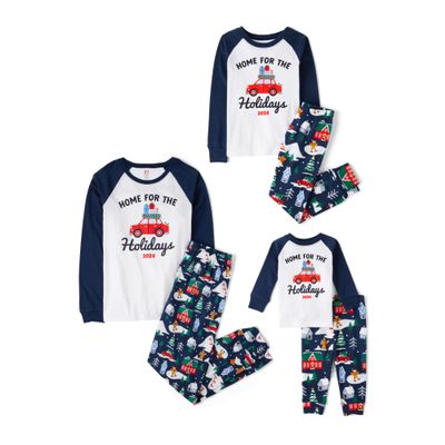 The Children's Place Baby Adult Family Matching, Christmas Pajama Sets, Cotton, Blue Home for The Holidays