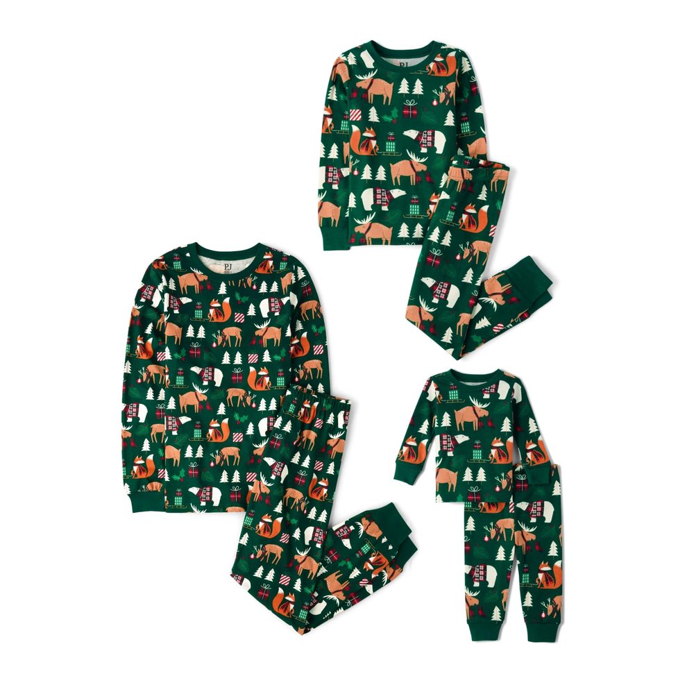 The Children's Place,Unisex Baby,Family Matching, Holiday Pajama Sets, Cotton,Green Christmas Woodland Animals,5