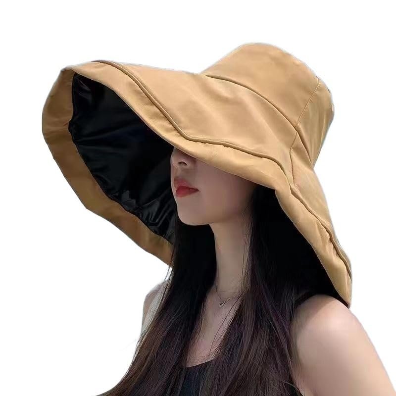 ZIIVIEVS Summer Fisherman hat, Women's Large Brimmed Black Rubber Sunscreen hat, Sun Shading and Sunscreen hat, Foldable(Color:Khaki)
