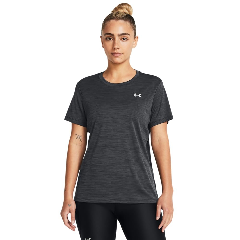 Under Armour Women's Velocity Twist Short Sleeve Crew Neck T Shirt, (001) Black / / Metallic Silver, Medium