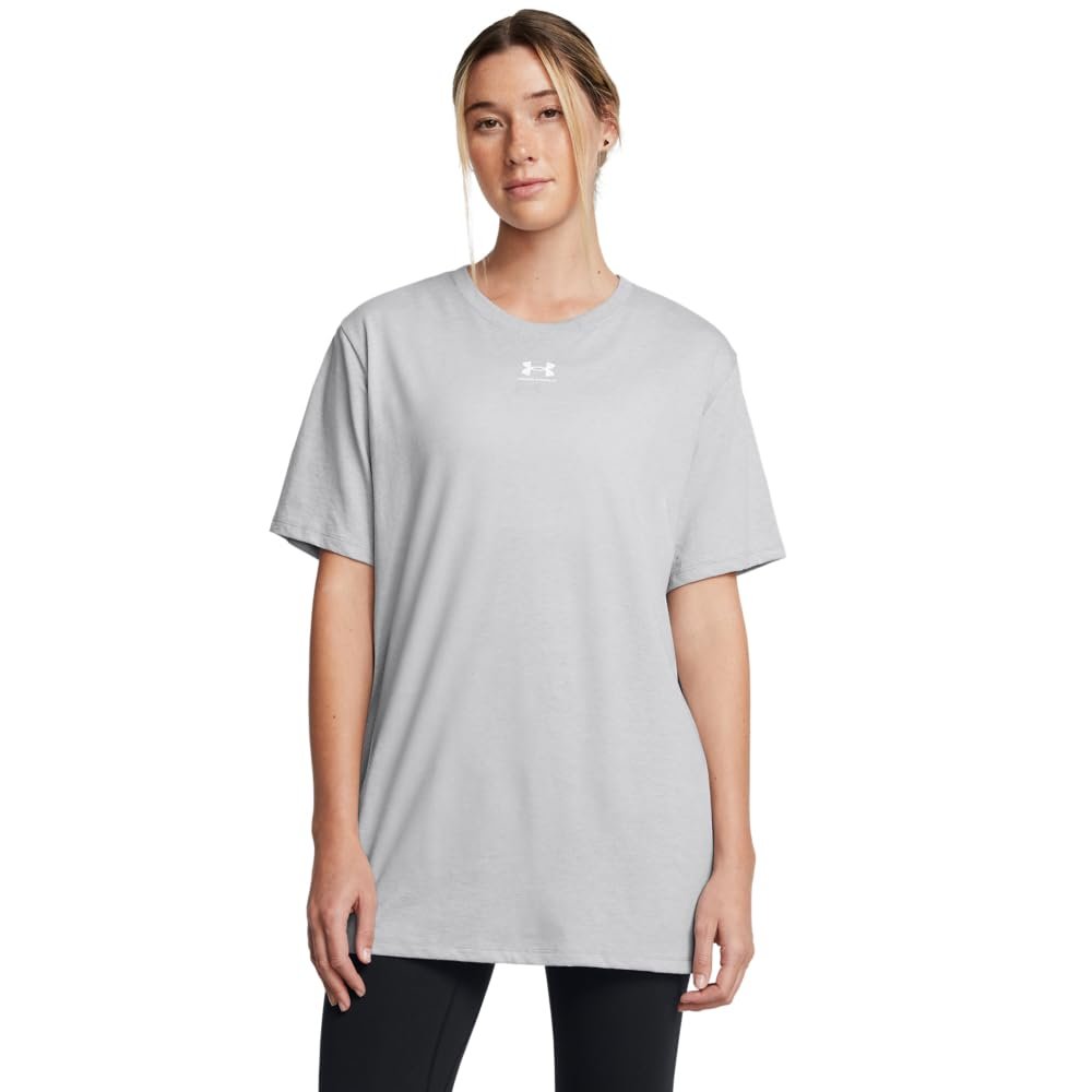 Under Armour Women's Campus Oversized Short Sleeve T Shirt, (011) Mod Gray Light Heather / / White, X-Small