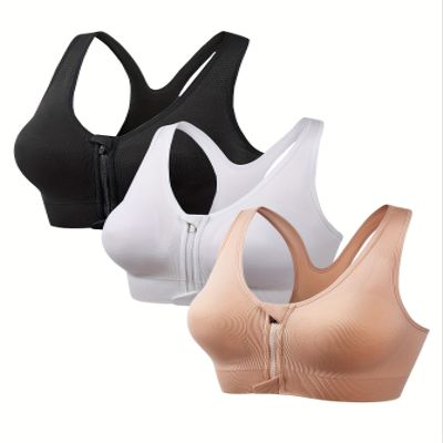 3 Pack Plus Size Sports Bras Set, Women's Plus Front Zipper Padded Soft Comfort Running Yoga Bras 3pcs Set (Black+White+Skin Color,XX-Large)