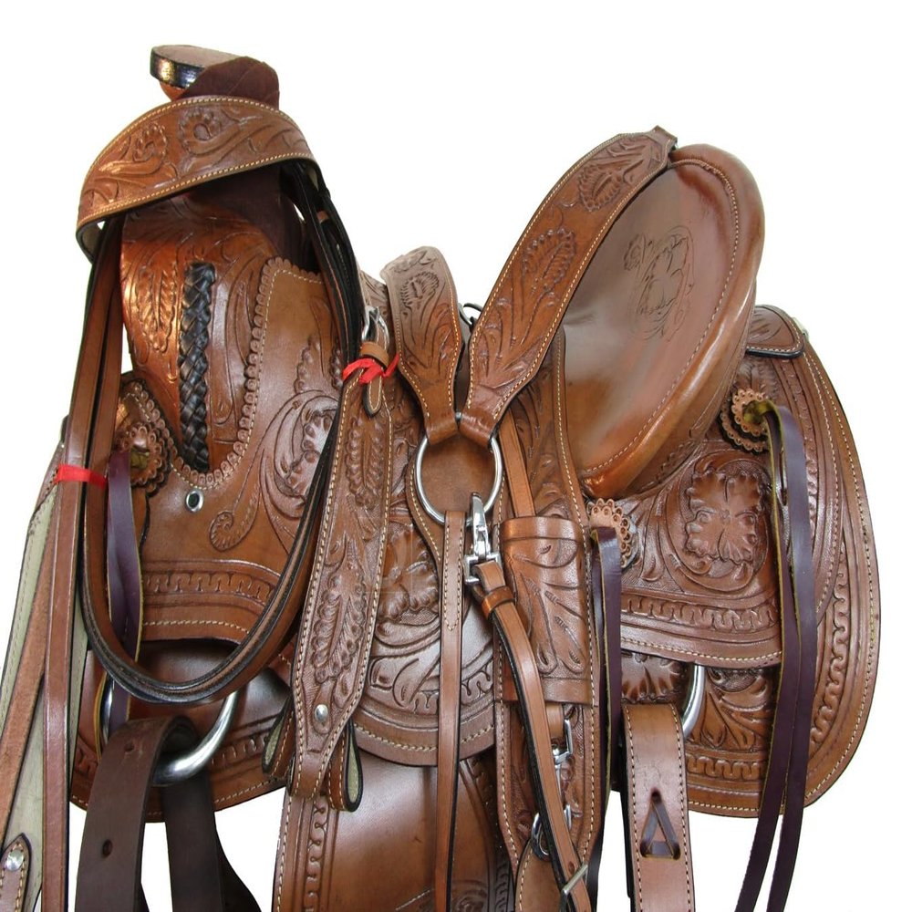 NineFit Basics Western Roping Saddle Ranch Work Pleasure Tooled Leather Trail TACK Set 15 16 17 18 (16 Inch), Brown, 7500WOOD