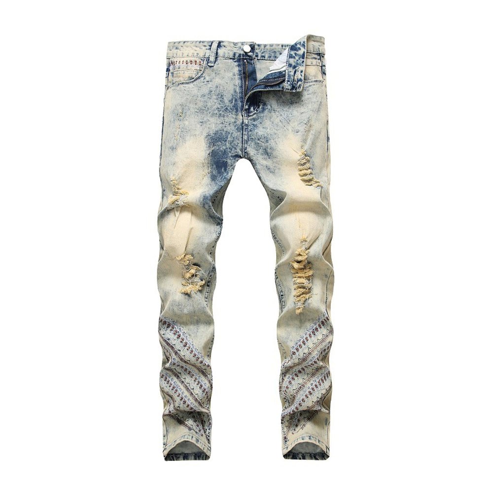 SWJGLITTR Men's Distressed Patches Jeans Moto Biker Straight Denim Pants Ripped Patchwork Printed Hip Hop Jean (Yellow,33)