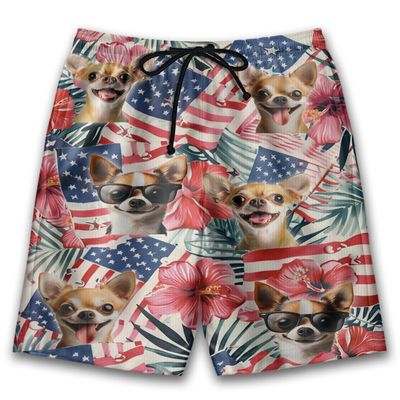 Patriotic Chihuahua Mens Swim Trunks - Amreican Tropical Hawaiian Mens Shorts - Summer Drawstring Beachwear Shorts Series 71 Size S