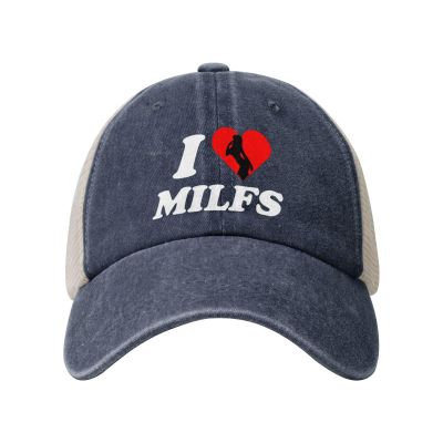 I Love Milfs -i Heart hot Moms -Funny Milfs Cowboy Hat Men Vintage Mesh Baseball Cap Women Trucker Hat Navy Blue