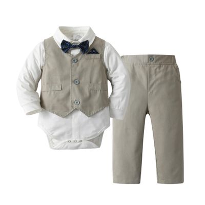 Boarnseorl Baby Boys Gentleman Outfits Pants Sets,Infant Shirt + Pants + Bow Tie + Vest,12-18M