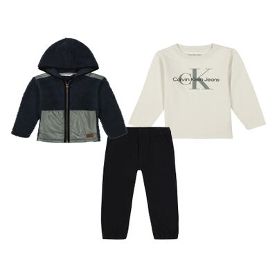 Calvin Klein Baby Boy's 3-Piece Fleece Set, Sweatshirt, Shirt and Joggers, Molo Teal/Castor Gray/Nautical Stone/Deep Black, 12 Months