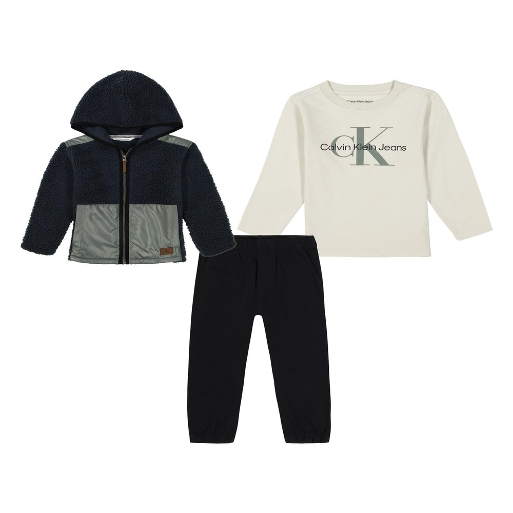 Calvin Klein Baby Boy's 3-Piece Fleece Set, Sweatshirt, Shirt and Joggers, Molo Teal/Castor Gray/Nautical Stone/Deep Black, 12 Months