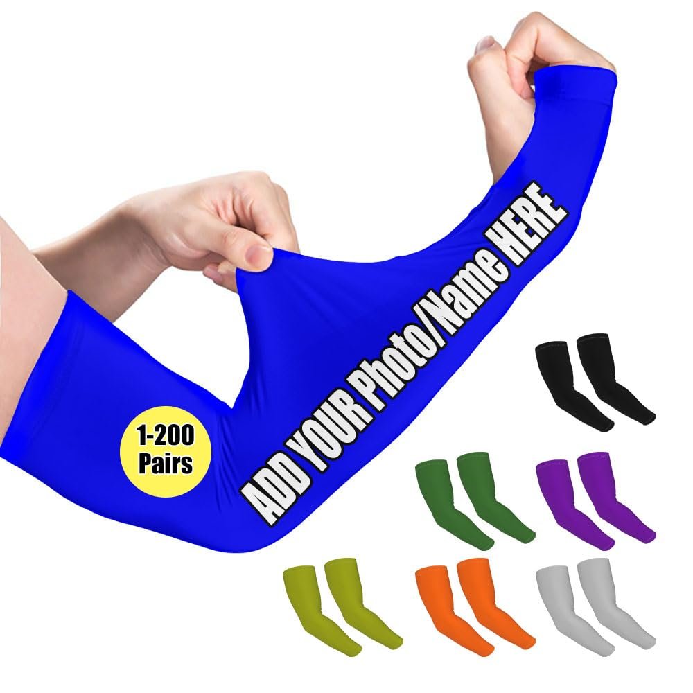 TUSANEII Custom Arm Sleeve Personalized Add Your Image Text Name - Breathable Cooling Athletic Sports Sleeve for Football Golf Volleyball Cycling, Blue