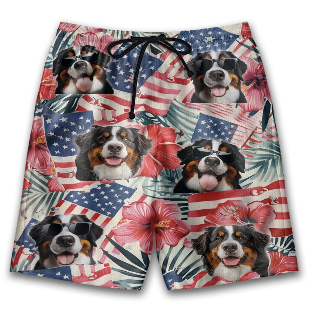 Patriotic Bernese Mountain Mens Swim Trunks - Amreican Tropical Hawaiian Mens Shorts - Summer Drawstring Beachwear Shorts Series 71 Size L