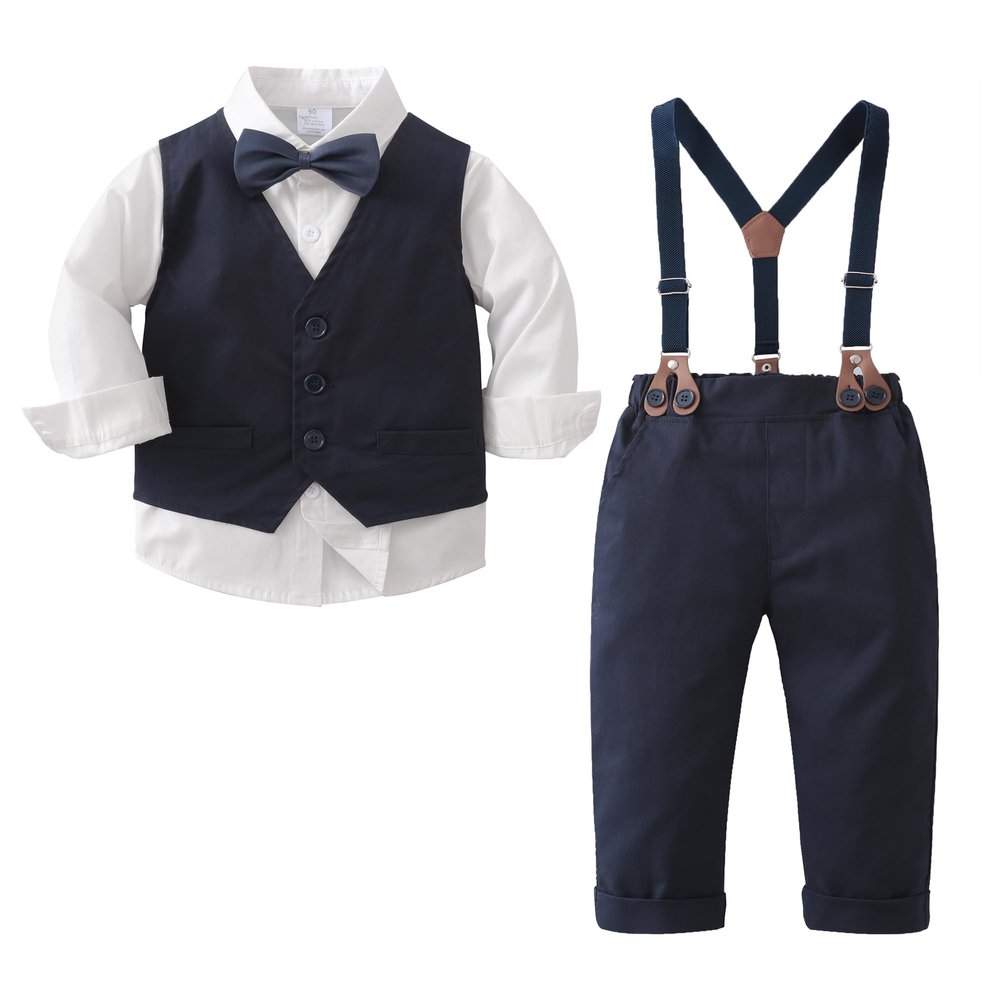 Boarnseorl Baby Boys Gentleman Outfits Pants Sets, Infant Long Sleeve Shirt + Pants + Bow Tie + Suspenders+Vest,18-24M
