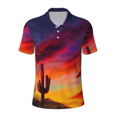 Ncpkcb Arizona Saguaro Cactus Sunset Men's Polo Shirts Fashion Short Sleeve Golf Shirts Summer Botton Down T-Shirt, XX-Large
