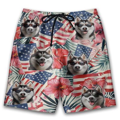 Patriotic Husky Mens Swim Trunks - Amreican Tropical Hawaiian Mens Shorts - Summer Drawstring Beachwear Shorts Series 71 Size S