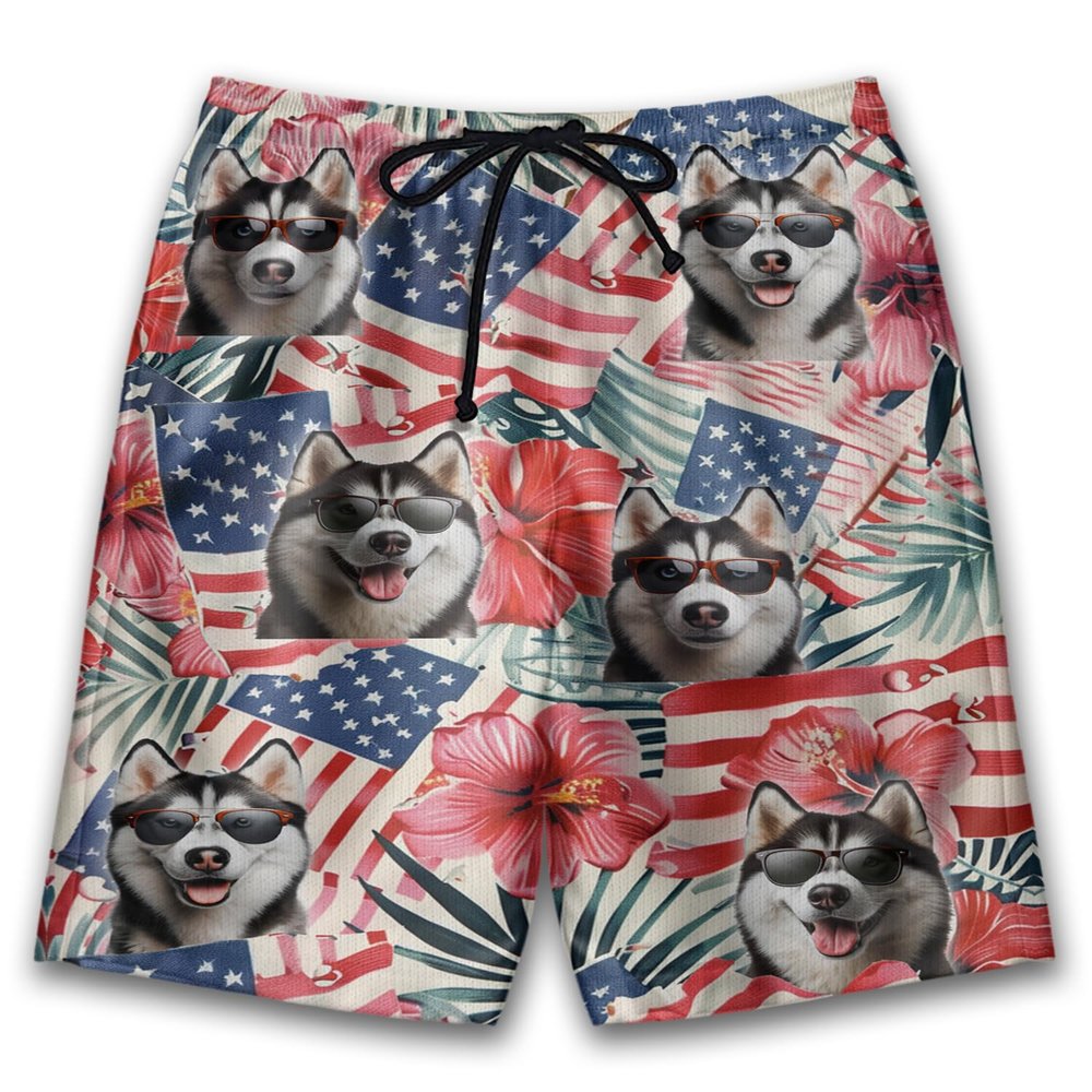 Patriotic Husky Mens Swim Trunks - Amreican Tropical Hawaiian Mens Shorts - Summer Drawstring Beachwear Shorts Series 71 Size S