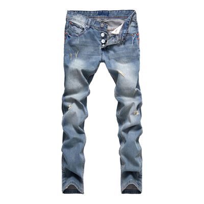 Men's Straight Vintage Buttons Jeans Big Tall Slim Fit Distressed Jean Streetwear Destroyed Denim Pants (Blue,34)
