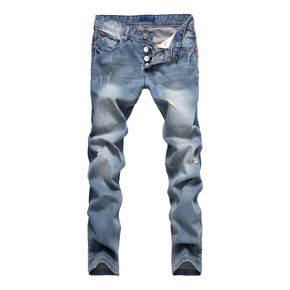 Men's Straight Vintage Buttons Jeans Big Tall Slim Fit Distressed Jean Streetwear Destroyed Denim Pants (Blue,34)