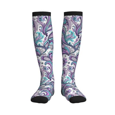 WFTTFOU Blue Teal Purple Paisley Compression Socks For Women Men Knee High Running Socks For Running, 3 Black