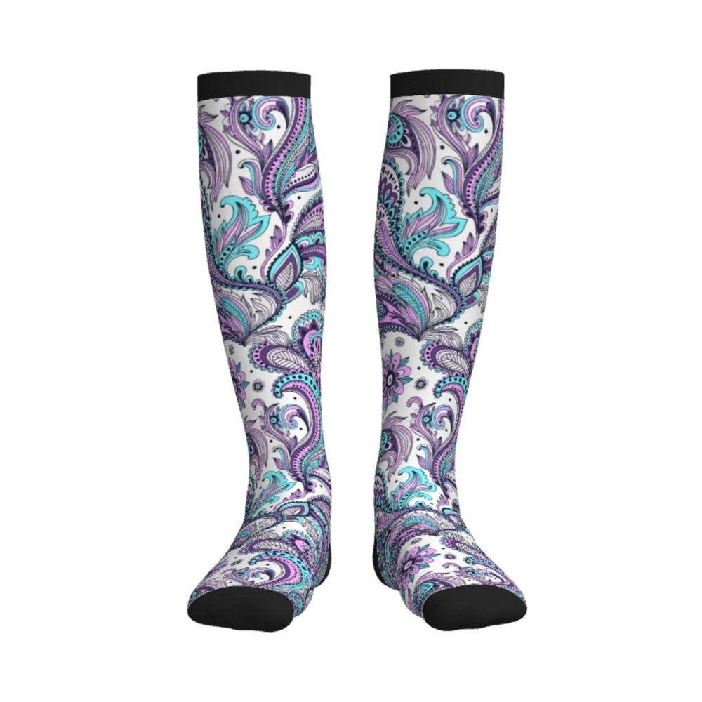 WFTTFOU Blue Teal Purple Paisley Compression Socks For Women Men Knee High Running Socks For Running, 3 Black