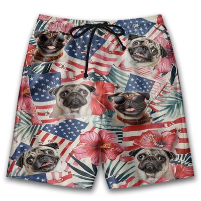 Patriotic Pug Mens Swim Trunks - Amreican Tropical Hawaiian Mens Shorts - Summer Drawstring Beachwear Shorts Series 71 Size L