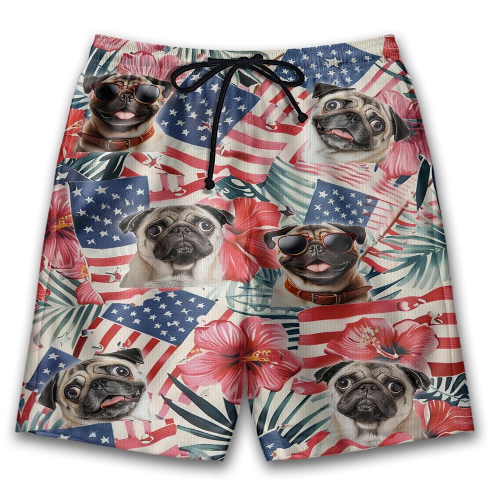 Patriotic Pug Mens Swim Trunks - Amreican Tropical Hawaiian Mens Shorts - Summer Drawstring Beachwear Shorts Series 71 Size L