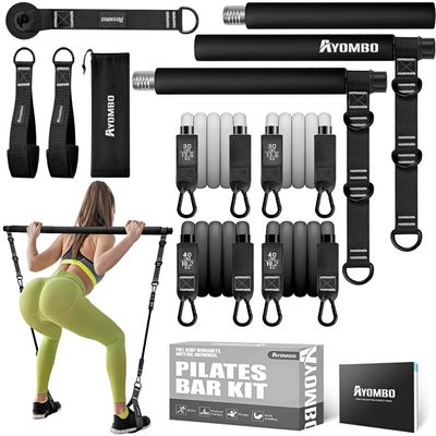 Ayombo Pilates Bar, Multifunctional Pilates Bar Kit with Resistance Bands, Adjustable Fitness Workout Equipment Set for Men Women, Portable Home Gym Pilates Equipment of Full Body Exercise