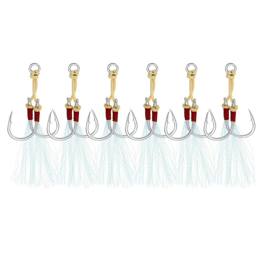 PATIKIL Fishing Assist Hooks Kit, 6 Pack Double Assist Jigging Hook with Glow Tassel for Slow Pitch Jigs Vertical Jigging Lures, Green (3/0#, 3.2"x0.6")