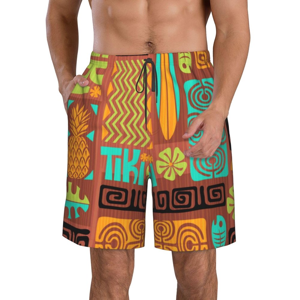 Ncpkcb Men's Swim Trunks Quick Dry Board Shorts Retro Tiki Fish Flower Beach Shorts Casual Sports Running Shorts, X-Large, Fashion