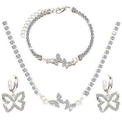 ACEDRE Butterfly Rhinestone Jewelry Set Silver Sparkly Crystal Necklace Chain with Bracelets and Earrings for Women(3PCS)