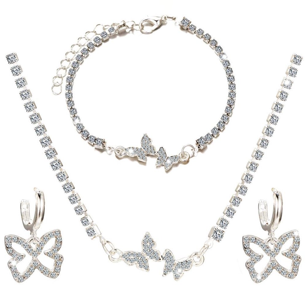 ACEDRE Butterfly Rhinestone Jewelry Set Silver Sparkly Crystal Necklace Chain with Bracelets and Earrings for Women(3PCS)
