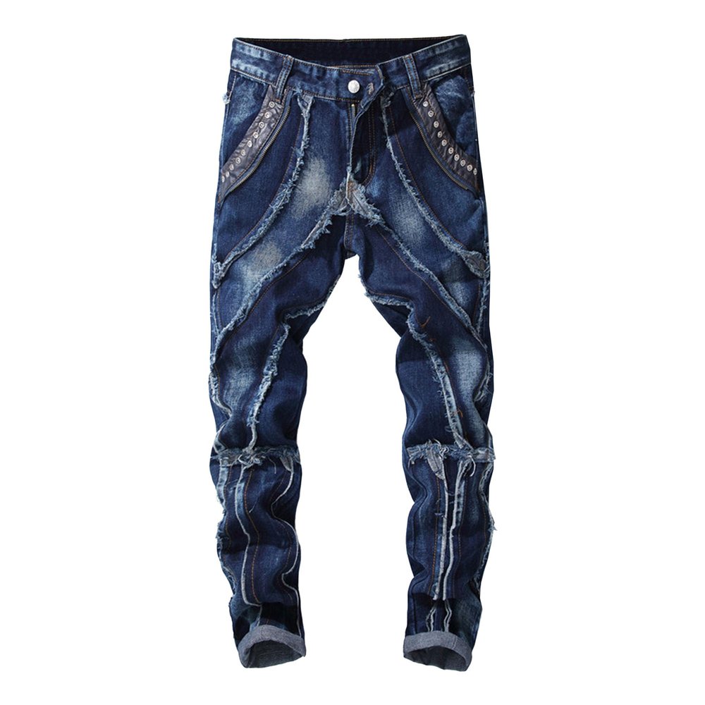 SWJGLITTR Men's Pleated Destroyed Jeans Straight Distressed Streetwear Jean Hip Hop Ripped Streetwear Denim Pants (Dark Blue,29)