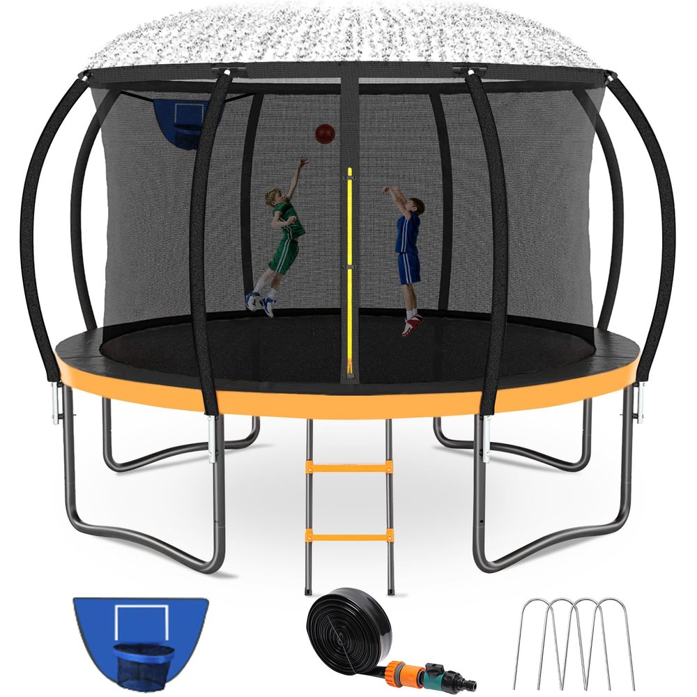 Kiivakii 12FT Trampoline, Outdoor Trampolines for Kids and Adults, Recreational Big Trampoline with Basketball Hoop, Round Trampolines with Sprinkler for Backyard, ASTM Certified, Orange