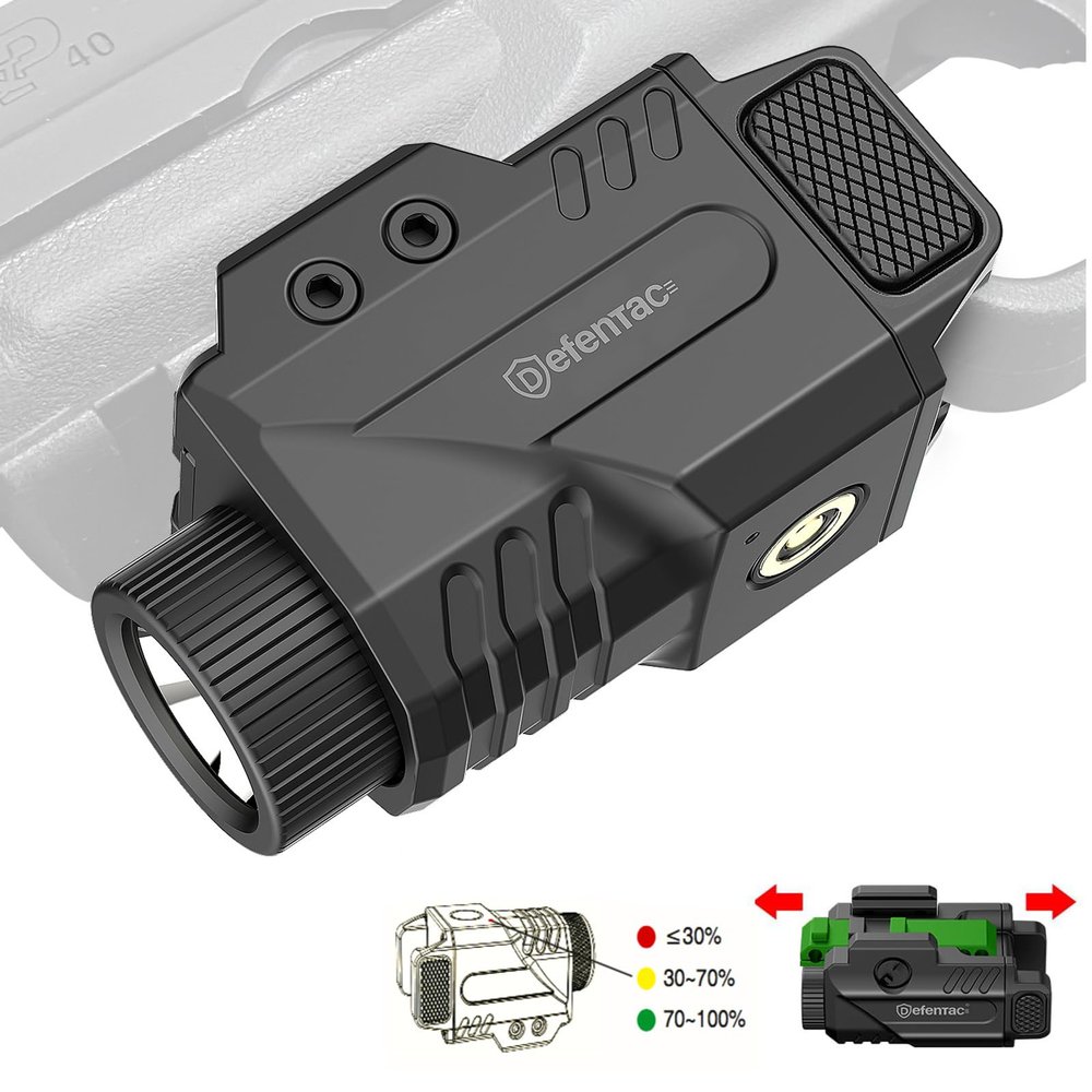 DEFENTAC 800lm Slidable Gun Light with Power Level Indicator, Magnetic Charging Pistol Flashlight W/Strobe, Compatible with Picatinny Rail (210.5MM Width)