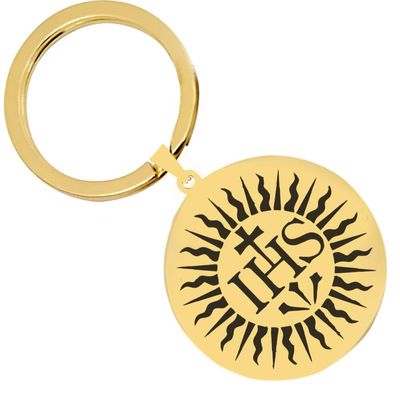 KOVEVE 2PCS Society Of Jesus Ihs Official Christogram Symbol Stainless Steel Catholic Religious Keychain Gold, Medium