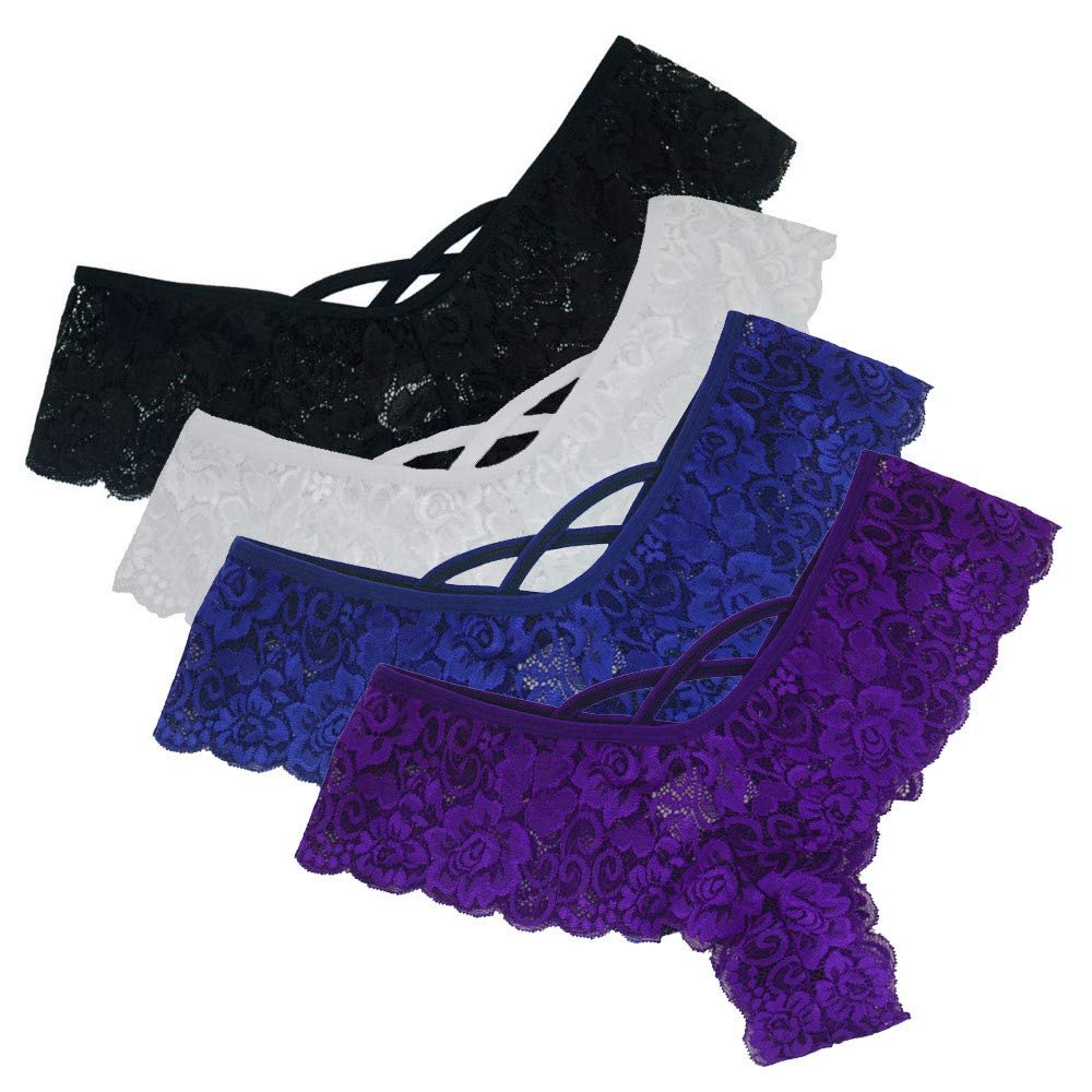 4 Pcs Womens Sexy Underwear Strappy Lace Panties Criss Cross Seamless Thongs Bikini High Waist Plus Size Ladies Brief