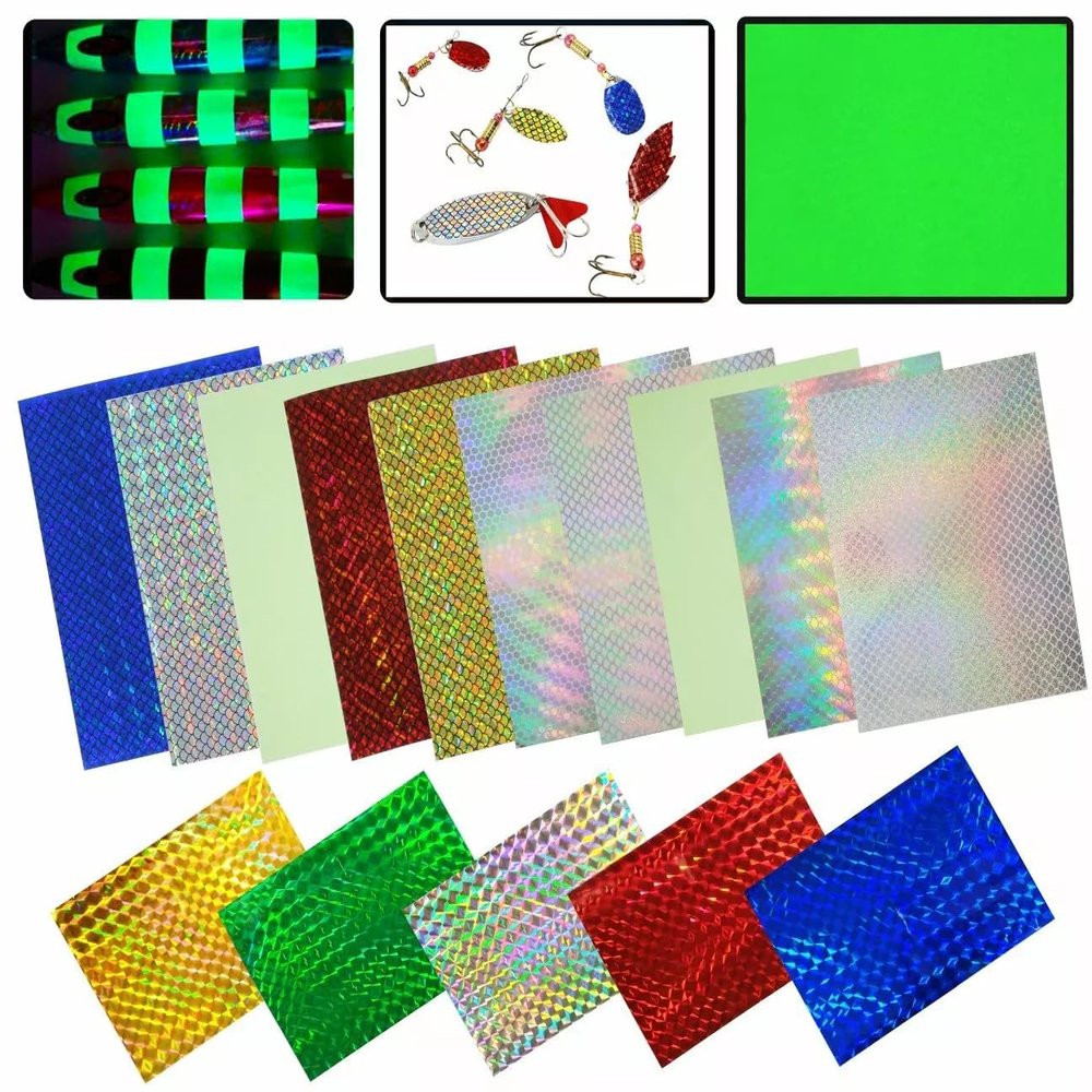 5 Pcs Fishing Lure Sticker Fish Scales Type Holographic Adhesive Tackle Fishing Green-7.9 x 3.9inch (L X W)-5 Pcs