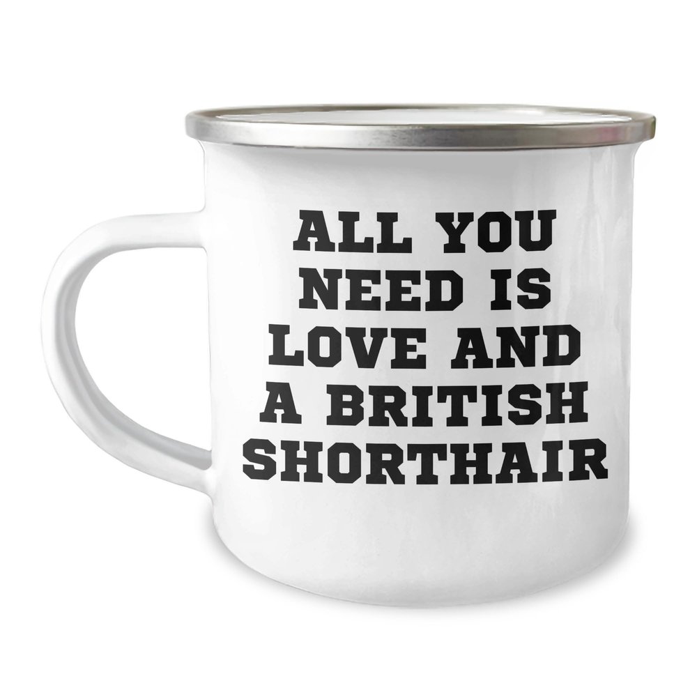 All You Need Is Love and a British Shorthair Cat | Funny Camping Mug with Enamel Finish | Cute Father's Day Unique Gifts for British Shorthair Cat Lovers