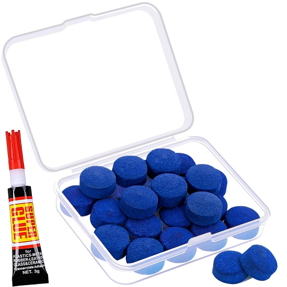 Billiard Pool Cue Tips - Pool Cue Stick Tips Replacement Kit for Billiard Pool Cues Head Repair Snooker and Stick, Cue Tips with Storage Box and Glue 11mm Blue - SOLROS