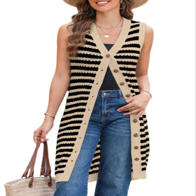 BLENCOT Women's Fall V Neck Striped Sleeveless Sweater Vest Casual Button Down Knit Beach Long Dress Khaki S