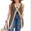BLENCOT Women's Fall V Neck Striped Sleeveless Sweater Vest Casual Button Down Knit Beach Long Dress Khaki S view 1
