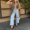 BLENCOT Women's Fall V Neck Striped Sleeveless Sweater Vest Casual Button Down Knit Beach Long Dress Khaki S view 2