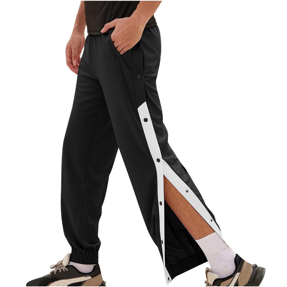 NineFit Basics Men's Tear Away Basketball Sweatpants High Split Snap Button Post Surgery Athletic Jogger Workout Pants with Pockets Black, 4X-Large