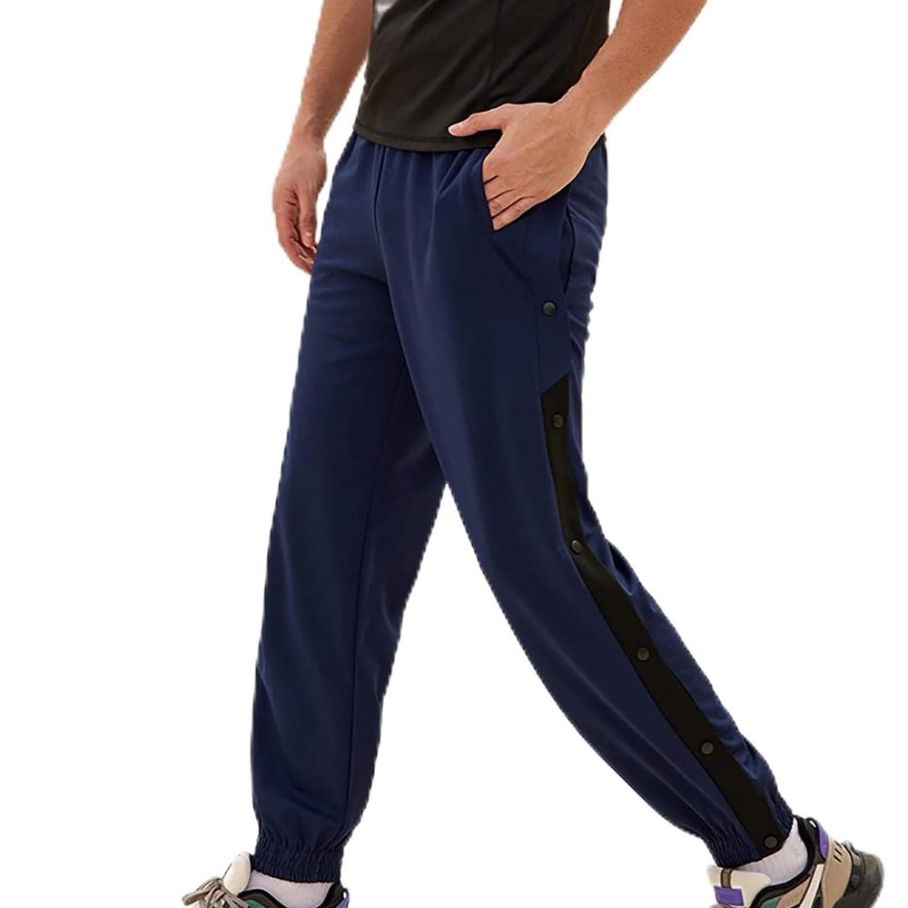 NineFit Basics Men's Tear Away Basketball Sweatpants High Split Snap Button Post Surgery Athletic Jogger Workout Pants with Pockets Navy, X-Large