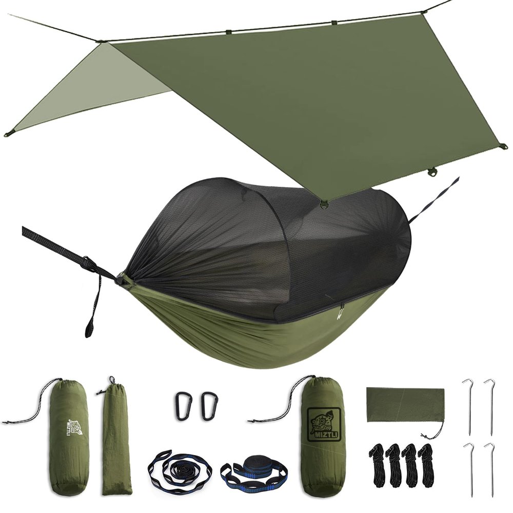 Miztli Camping Hammock -Portable Hammock w/Spacious Net & Tree Straps w/Adjustable Loops, Double and Single Hammock for Outdoor, Indoor, Hiking and Travel