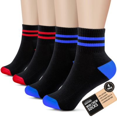 Forever Bambe Mini Crew Socks for Women Soft Terrycloth Cushioned Bottom Striped Retro Athletic Quarter Calf Gym Socks (4-Pack)