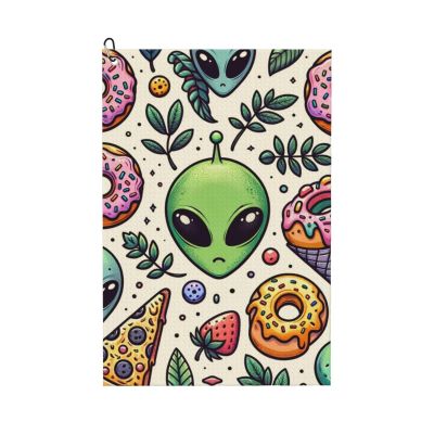 24x16in Golf Towel with Carabiner Clip Alien-Donut-Pizza Golf Cleaning Towel