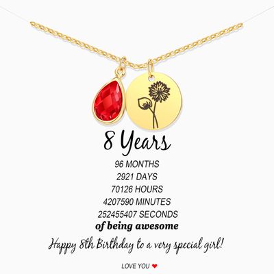 8 Year Old Birthday Gifts, Gifts for 8 Year Old 8th Birthday Gifts for Her July Birthstone Necklace Birth Flower Necklace for 8 Yr Old Gift Dainty Necklace for Her July Birth Flower Necklace Happy 8th Birthday Ruby water lily Jewelry