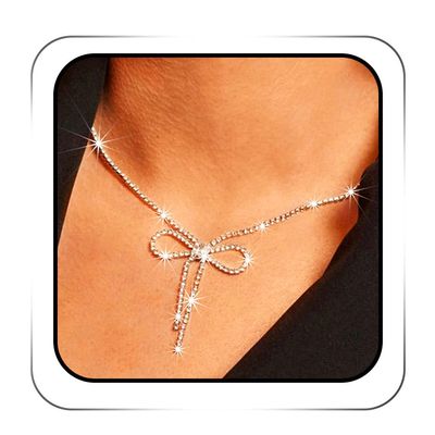 ACEDRE Rhinestone Bow Pendant Necklace Jewelry Silver Crystal Bowknot Choker Necklaces Dainty Tennis Chain for Women (1-Silver)