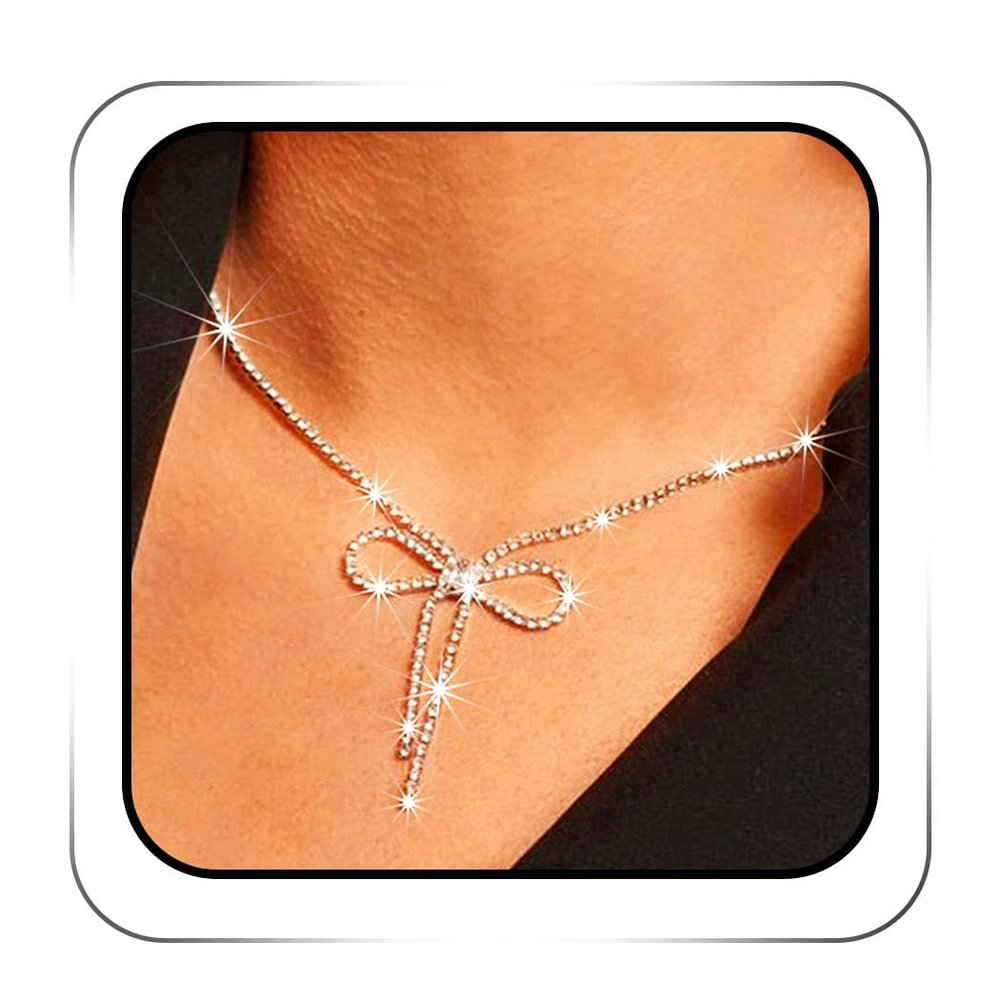 ACEDRE Rhinestone Bow Pendant Necklace Jewelry Silver Crystal Bowknot Choker Necklaces Dainty Tennis Chain for Women (1-Silver)