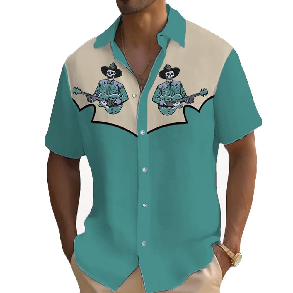 Retro Western Skull Cowboy Playing Guitar T-Shirt Retro Western Skull Cowboy Print Button V Neck Vest Rock Shirt Fun Graphic Tank Top V Neck Tee Shirts